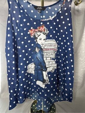Justify Blue Polka Dot Graphic Tank Top Women’s Large Retro Pin-Up Sleeveless